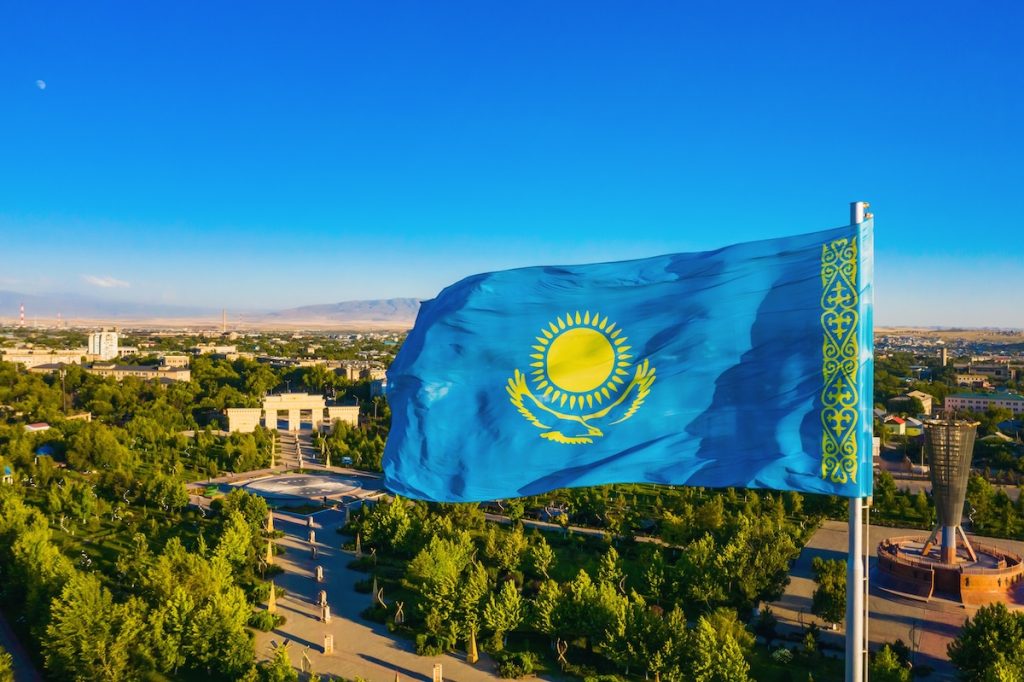 08.07.2022,Shymkent,,Kazakhstan.,Flag,Of,Kazakhstan,On,A,Spire,In